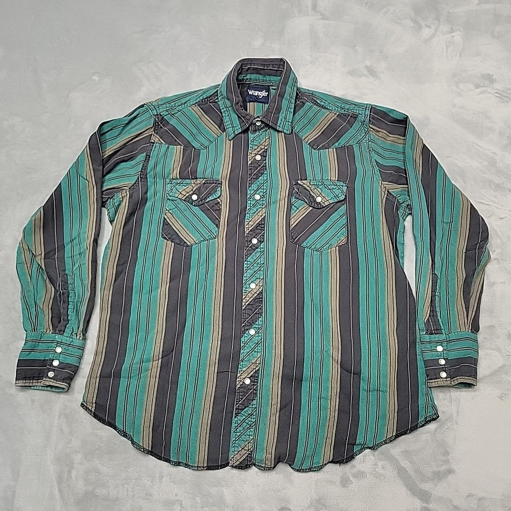 Wrangler Shirt Mens Large Green Striped Western Button Down Pearl Snap Cowboy